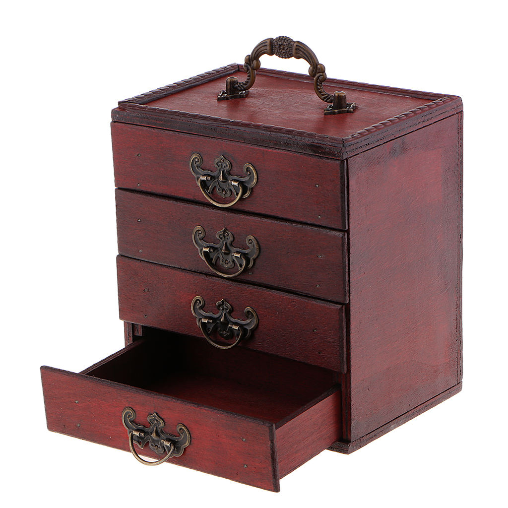 Retro 4 Layers Decorative Jewelry Storage Box Wood Chest Treasure Organizer