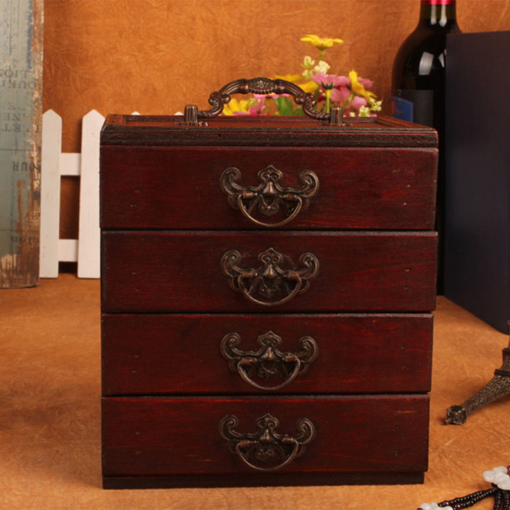 Retro 4 Layers Decorative Jewelry Storage Box Wood Chest Treasure Organizer