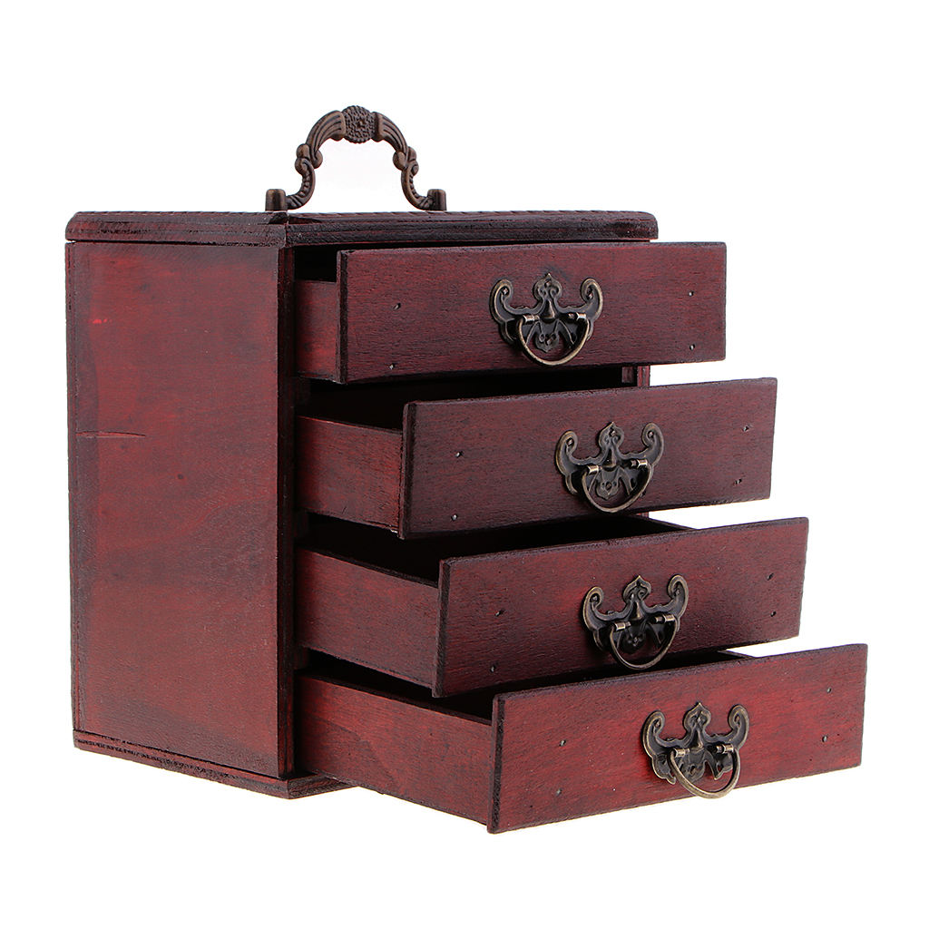 Retro 4 Layers Decorative Jewelry Storage Box Wood Chest Treasure Organizer