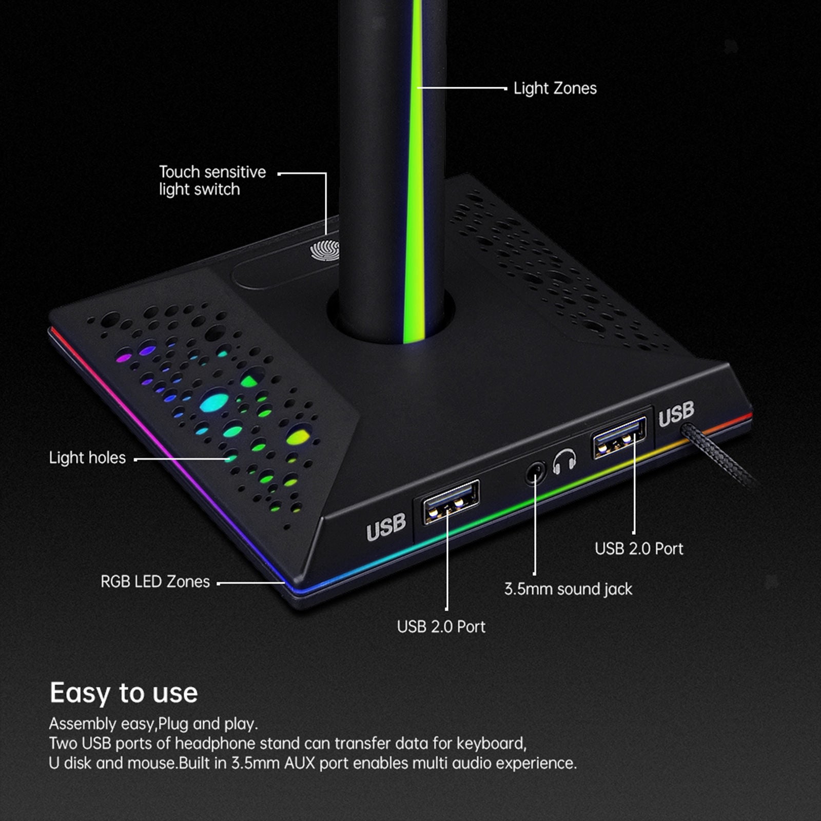 RGB Headphone Dual Headset Stand Hanger Display Bracket Racks w/ USB Hub