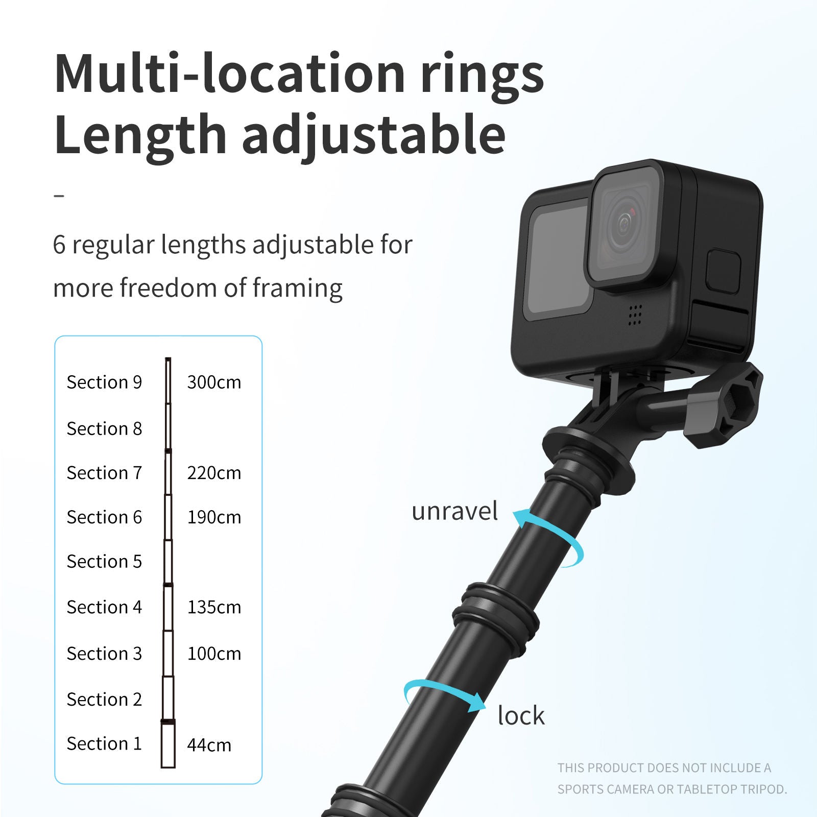 9.8ft Extendable Monopod Selfie Stick for GoPro Hero Durable Accessories