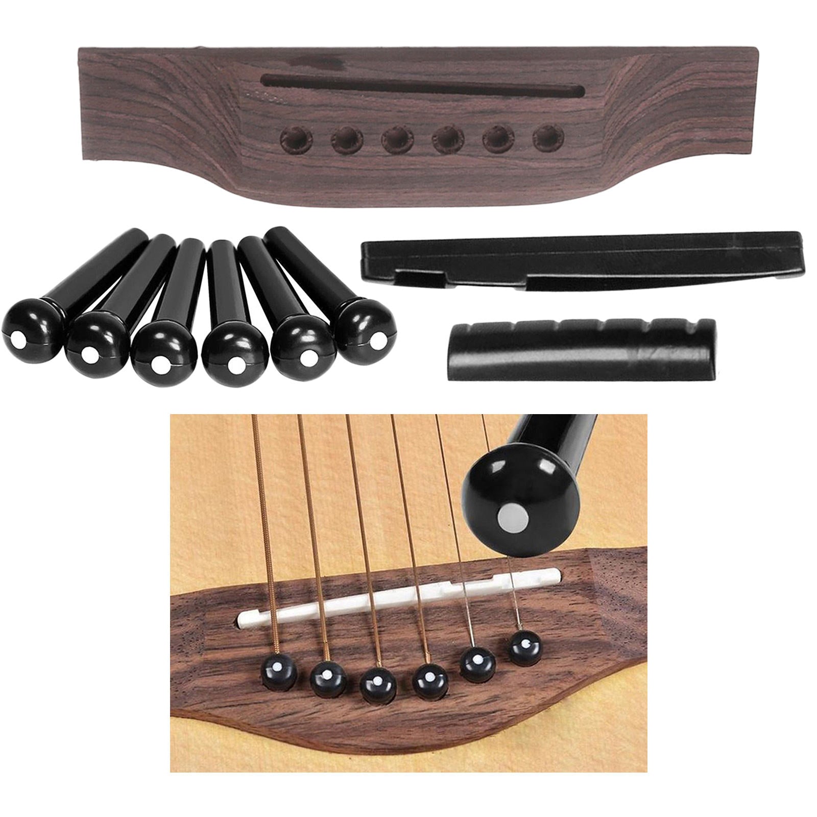 9pcs Acoustic Guitar Repair Parts Guitar Bridge with Pins Pegs Nut Saddle