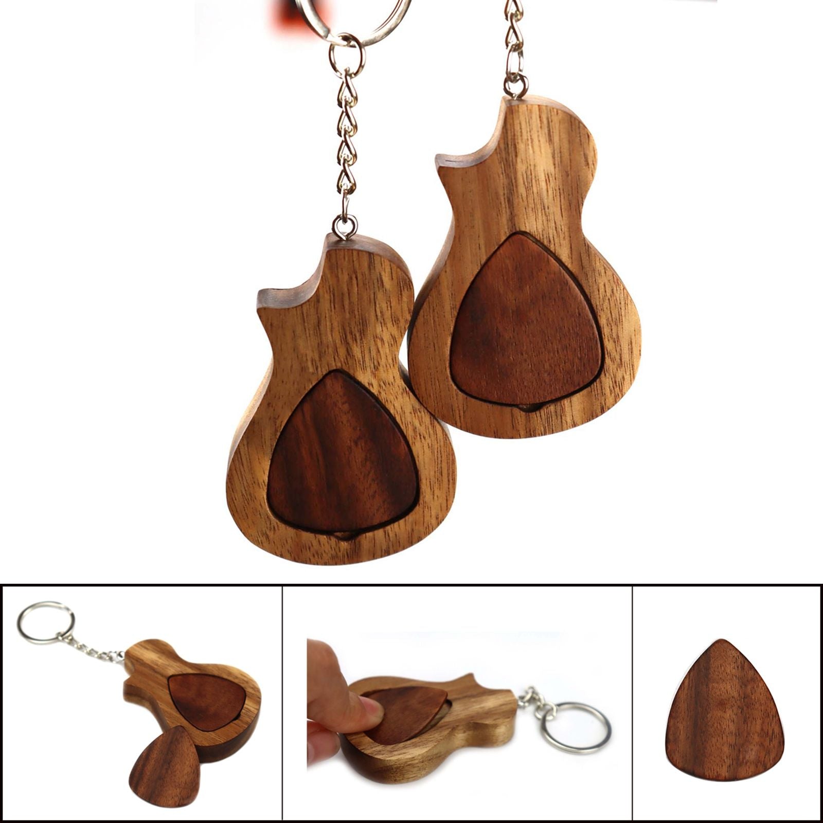 Wooden Acoustic Bass Ukulele Guitar Plectrum Case 2 Guitar Picks Key Chain