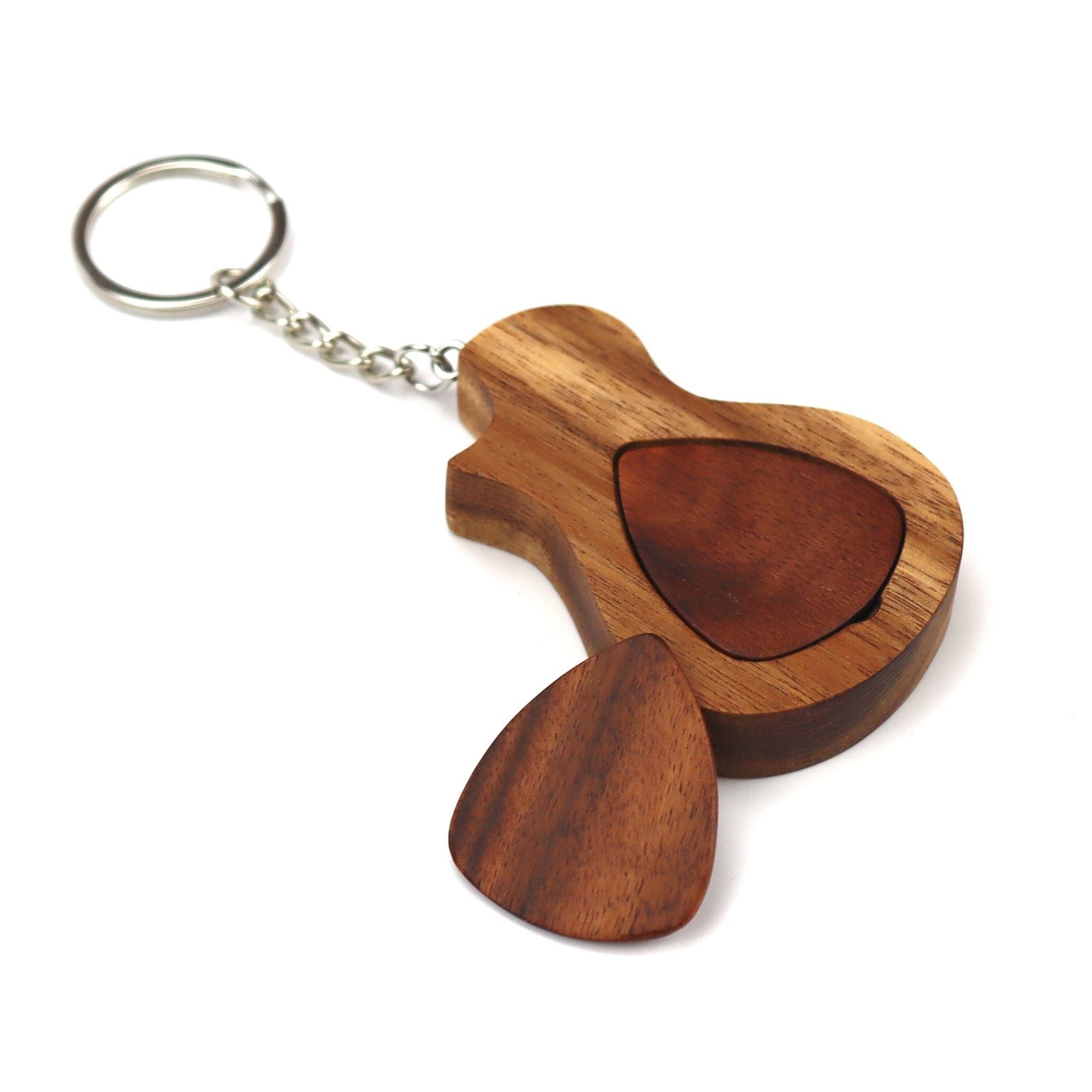 Wooden Acoustic Bass Ukulele Guitar Plectrum Case 2 Guitar Picks Key Chain