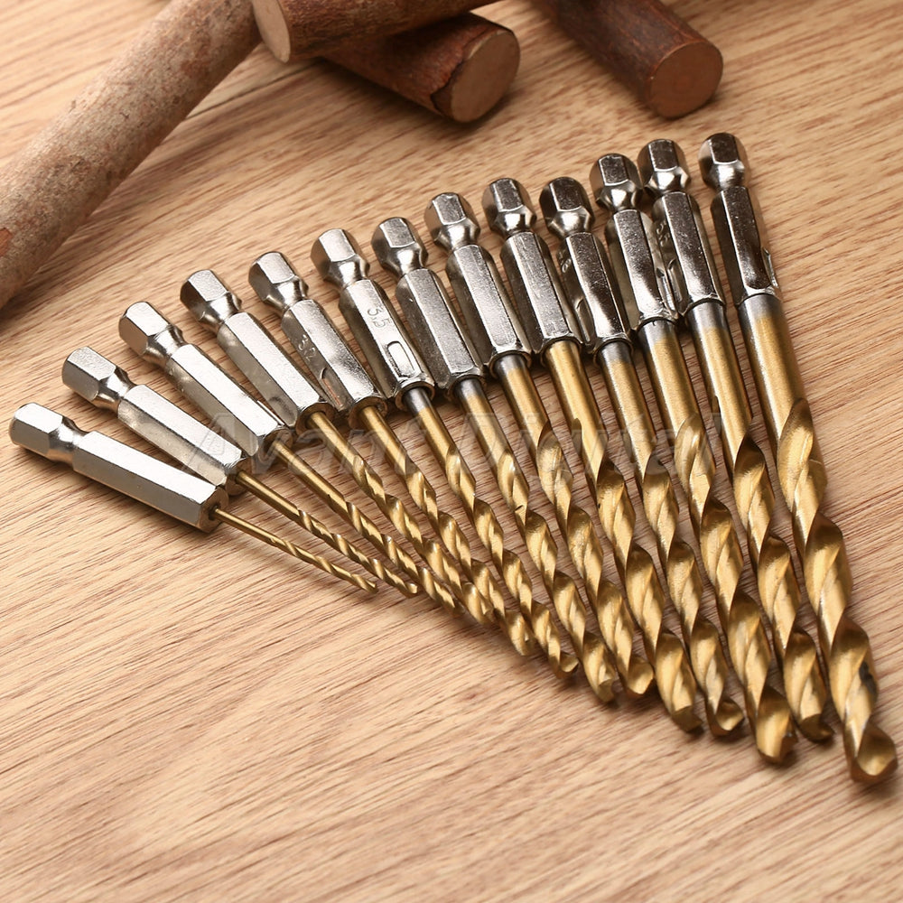 13pcs 1.5-6.5mm HSS Titanium Coated 1/4" Hex Shank High Speed Steel Drill Bits