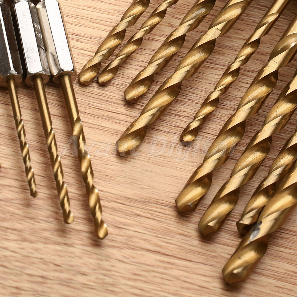 13pcs 1.5-6.5mm HSS Titanium Coated 1/4" Hex Shank High Speed Steel Drill Bits