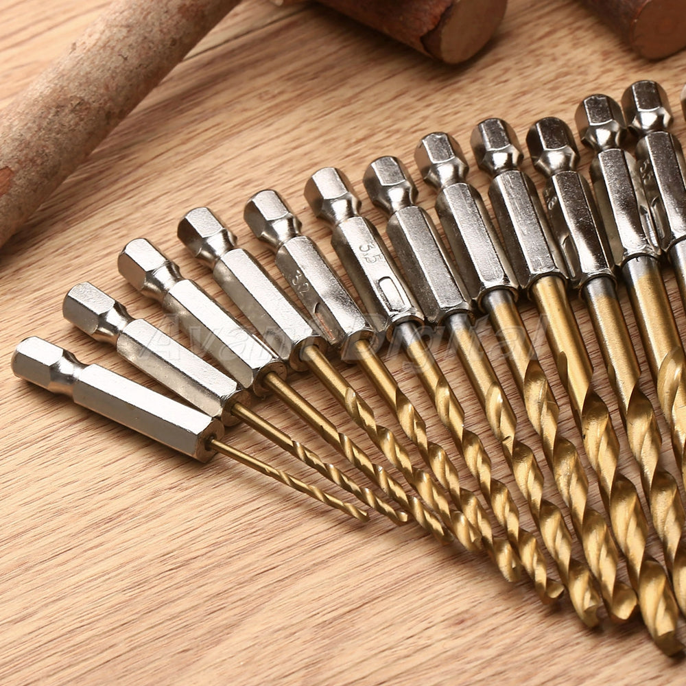 13pcs 1.5-6.5mm HSS Titanium Coated 1/4" Hex Shank High Speed Steel Drill Bits