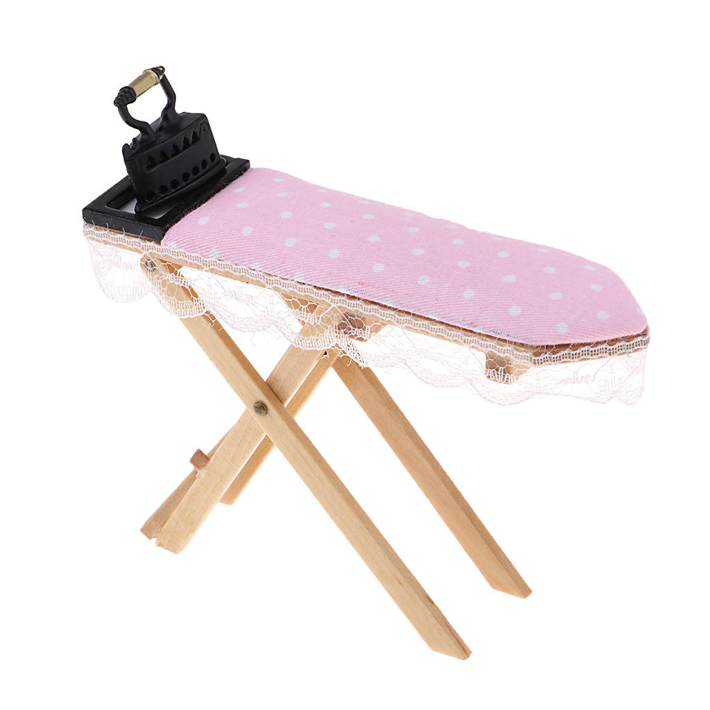 1/12 1/24Vintage Laundry Furniture Pink Ironing Board with Iron Accessories