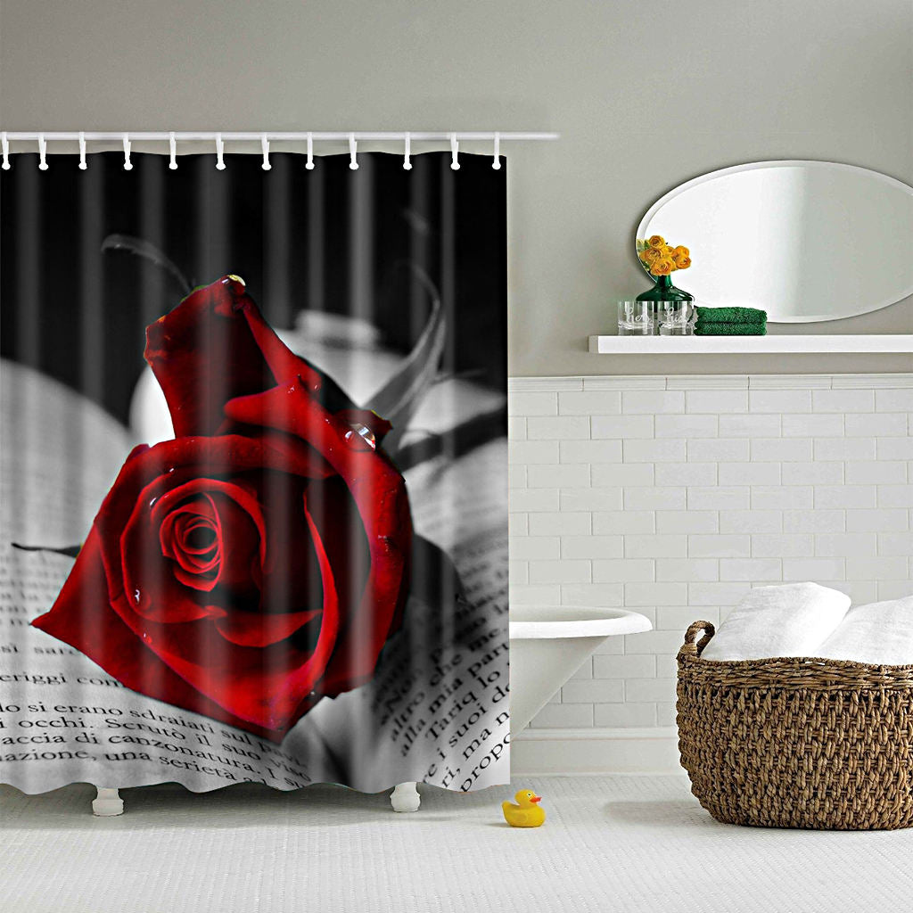 Hand Painted Design Red Rose Pattern Shower Curtain Set Bathroom Fabric Curtains