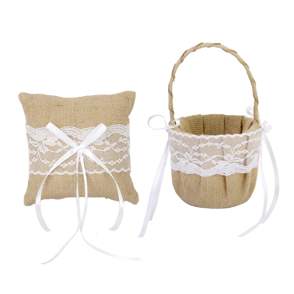 Rustic Wedding Ceremony Burlap Lace Flower Basket +   Bearer Pillow