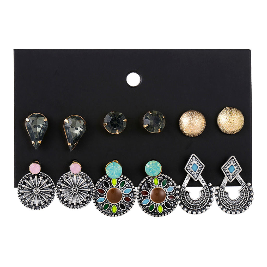 6Pairs/Set Rhinestone Stud Earrings Women Boho Earrings Fashion Jewelry 04