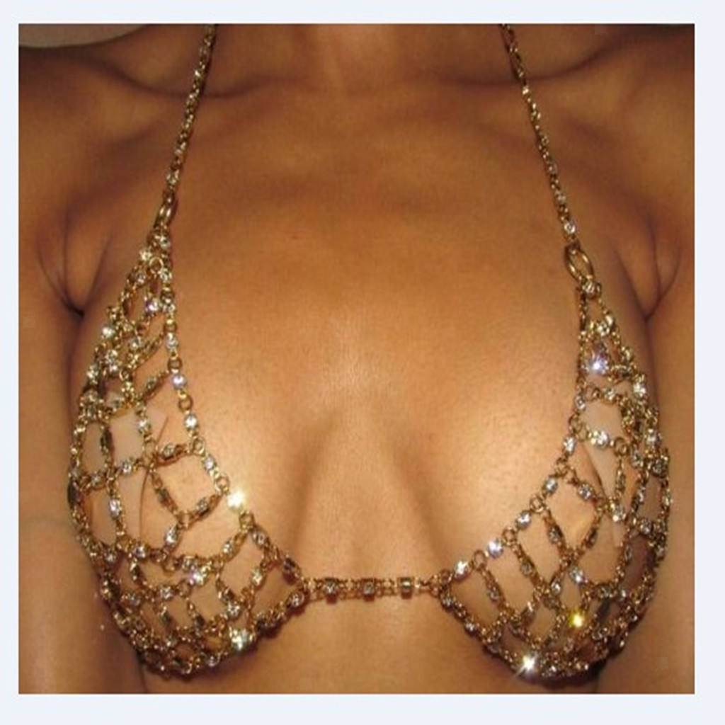 Punk Shiny Crystal Bra Chest Body Chain Harness Necklace Rhinestone Jewelry