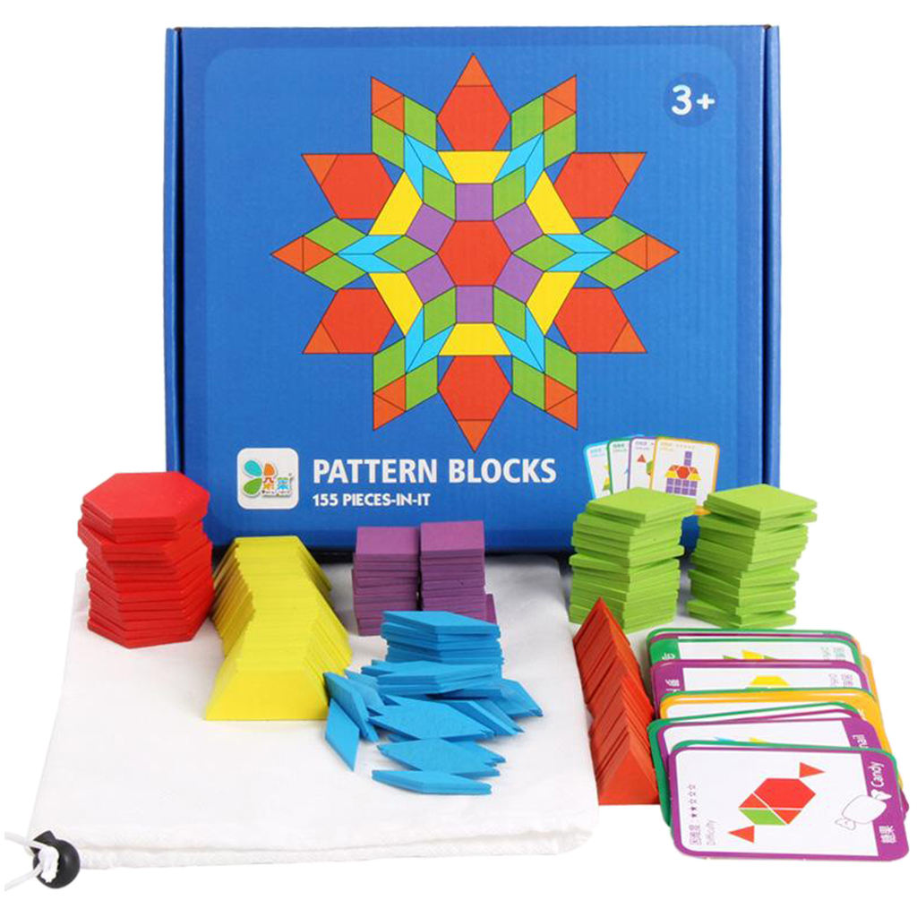 Wooden Pattern Blocks Set Geometric Shape Jigsaw Puzzle Preschool Puzzles