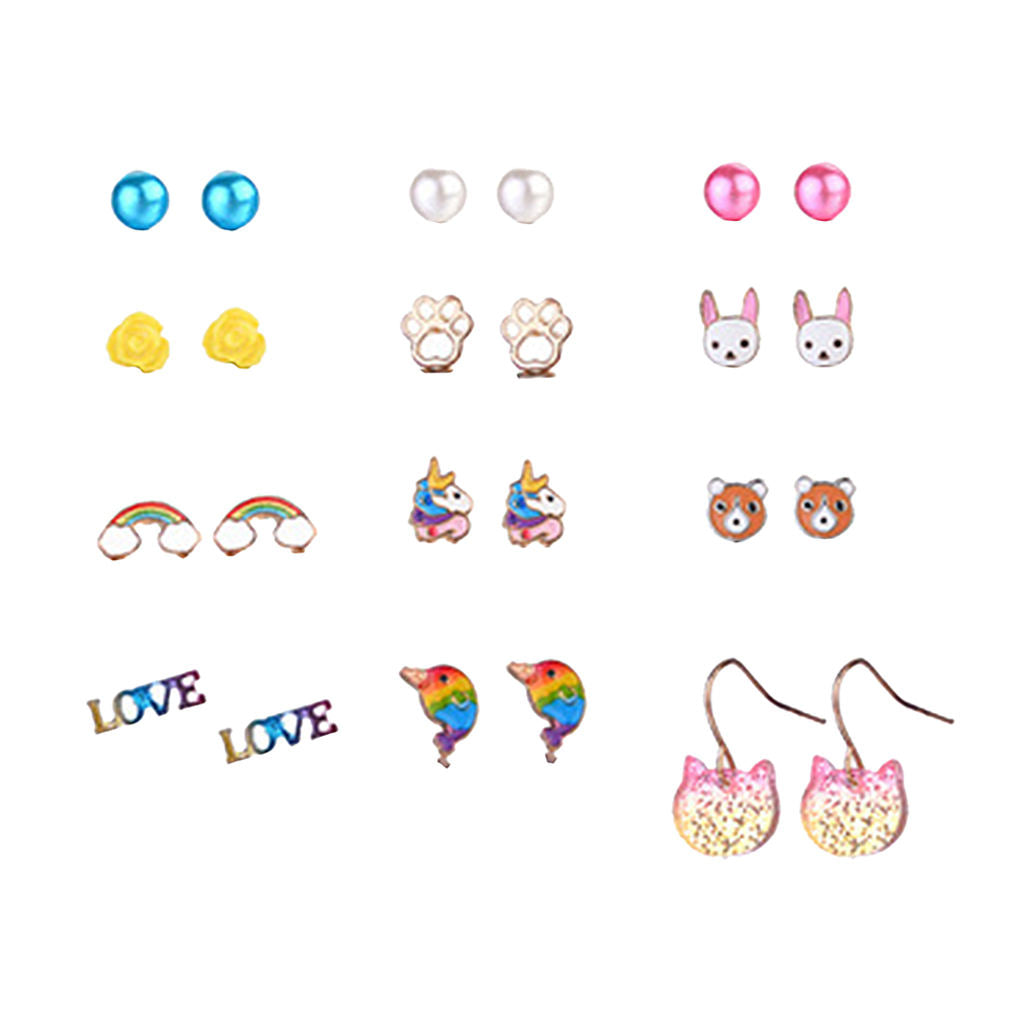24Pairs Multiple Stud Earrings Cartoon Unicorn Owl Womens Wedding Jewelry