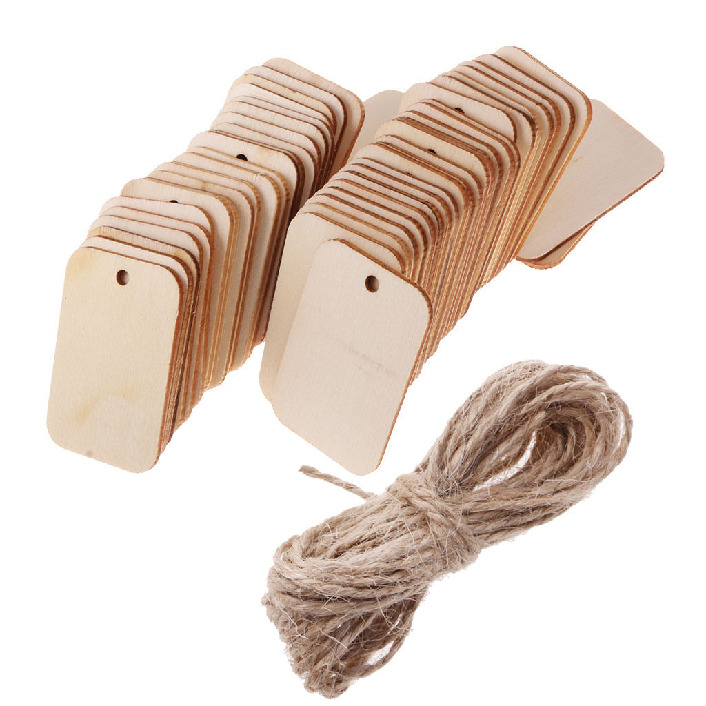 50 Pcs Wooden Rectangle Craft Shape Tag Embellishment for Craft with Rope