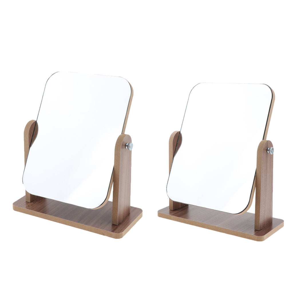 2Pcs Desktop HD Makeup Mirror w/ Wood Frame Free-Standing Large/Medium Size