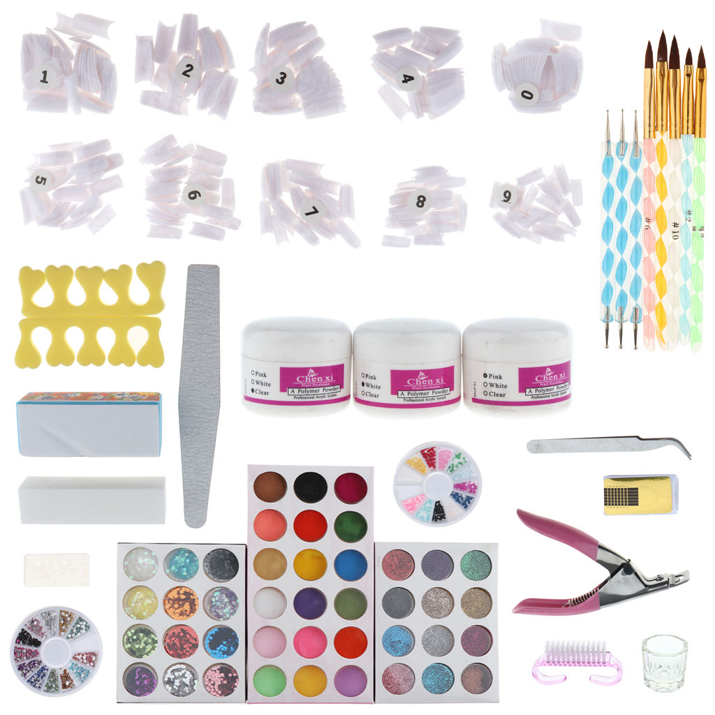 Acrylic Powder Liquid Brush Glitter Clipper Primer File Nail Art Tip Set Kit