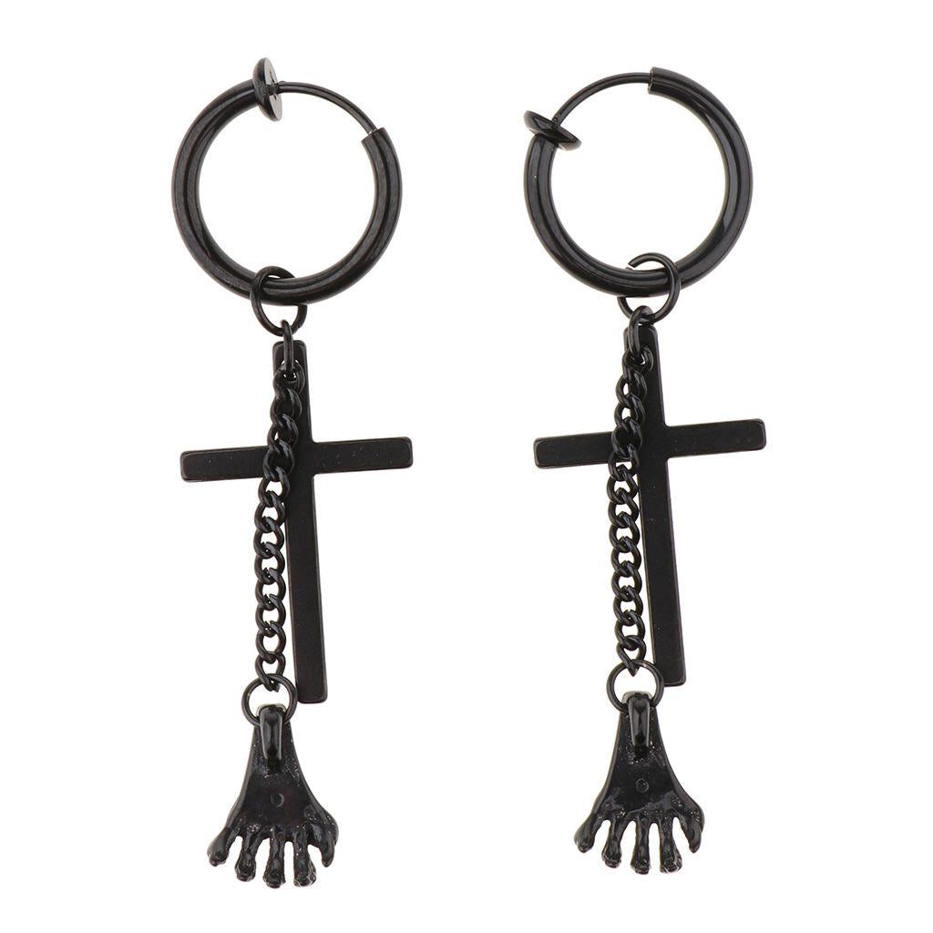 Mens Dangle Earrings Cross Hands Pendant Stainless Steel Hoop ear clip