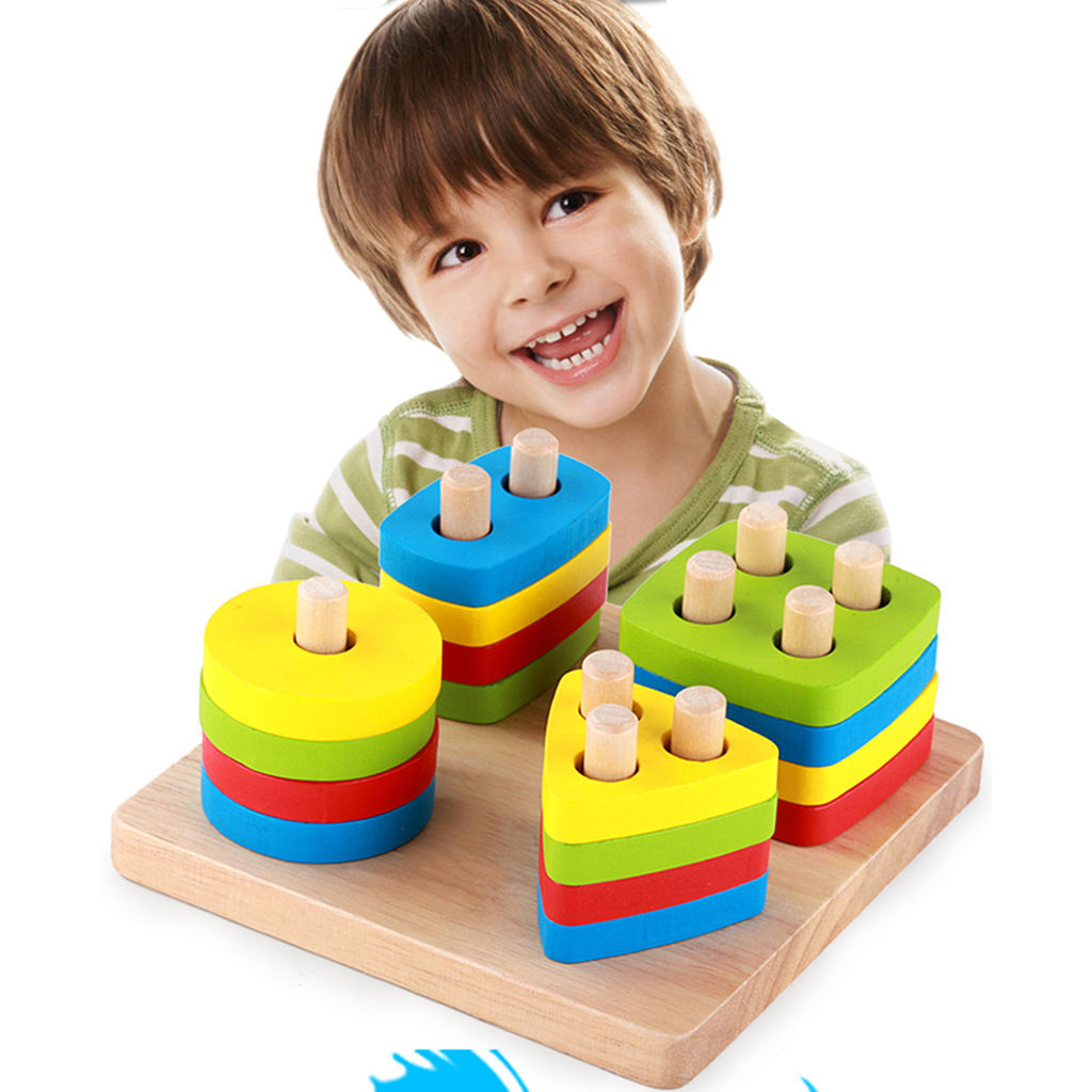 Wood Geometry Block Stack Pegging Game Colors And Shapes Sorting Game Montessori