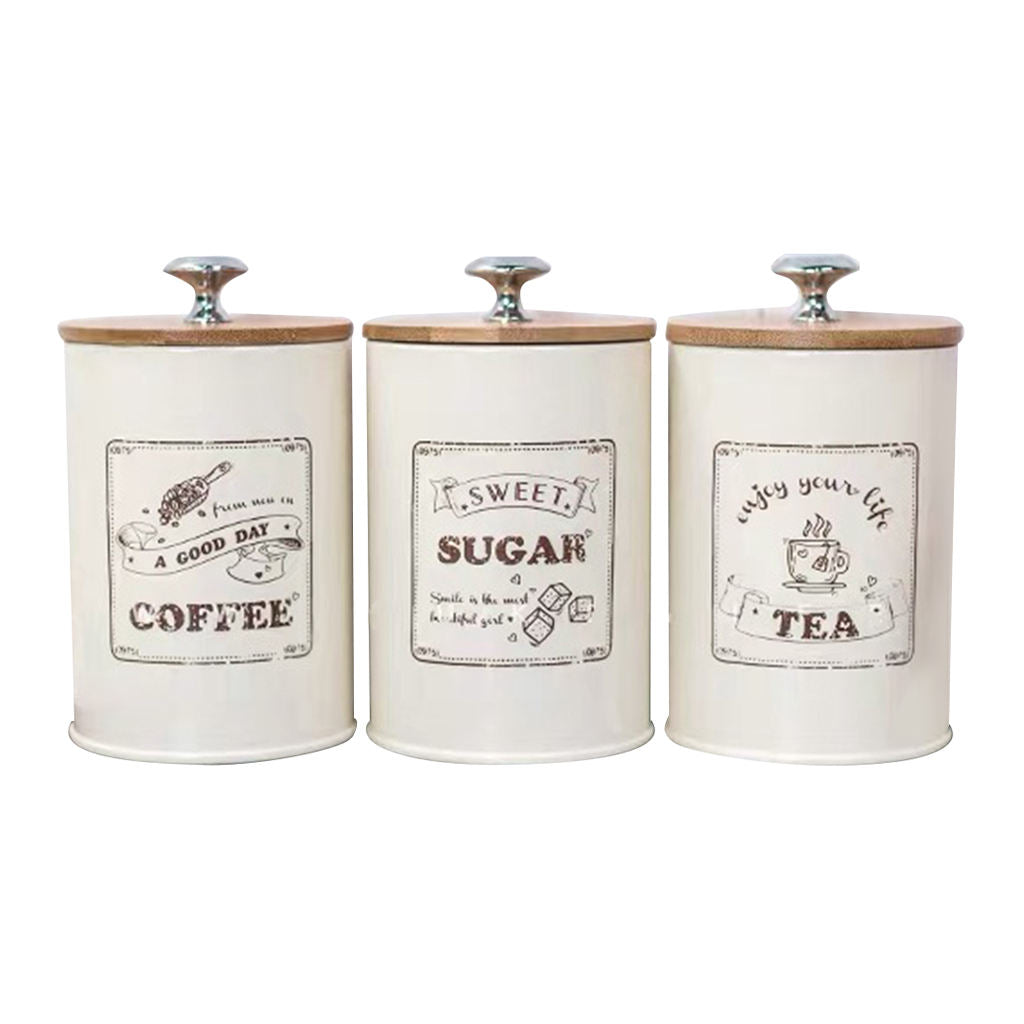 3pcs Retro Tea Coffee Sugar Canisters Kitchen Storage Jars Iron with Lid
