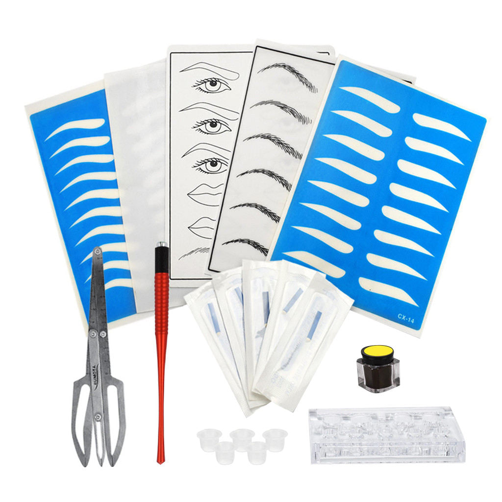 Eyebrow Tattoo Kit Microblading Needles Pen Pigment Ink Cups Practice Skin  Red