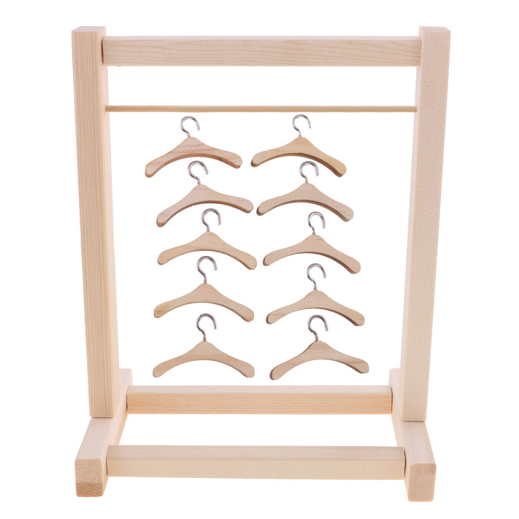 Mini Wooden Clothes Hanging Stand with 10pcs Hook Hangers Set for 12'' BJD