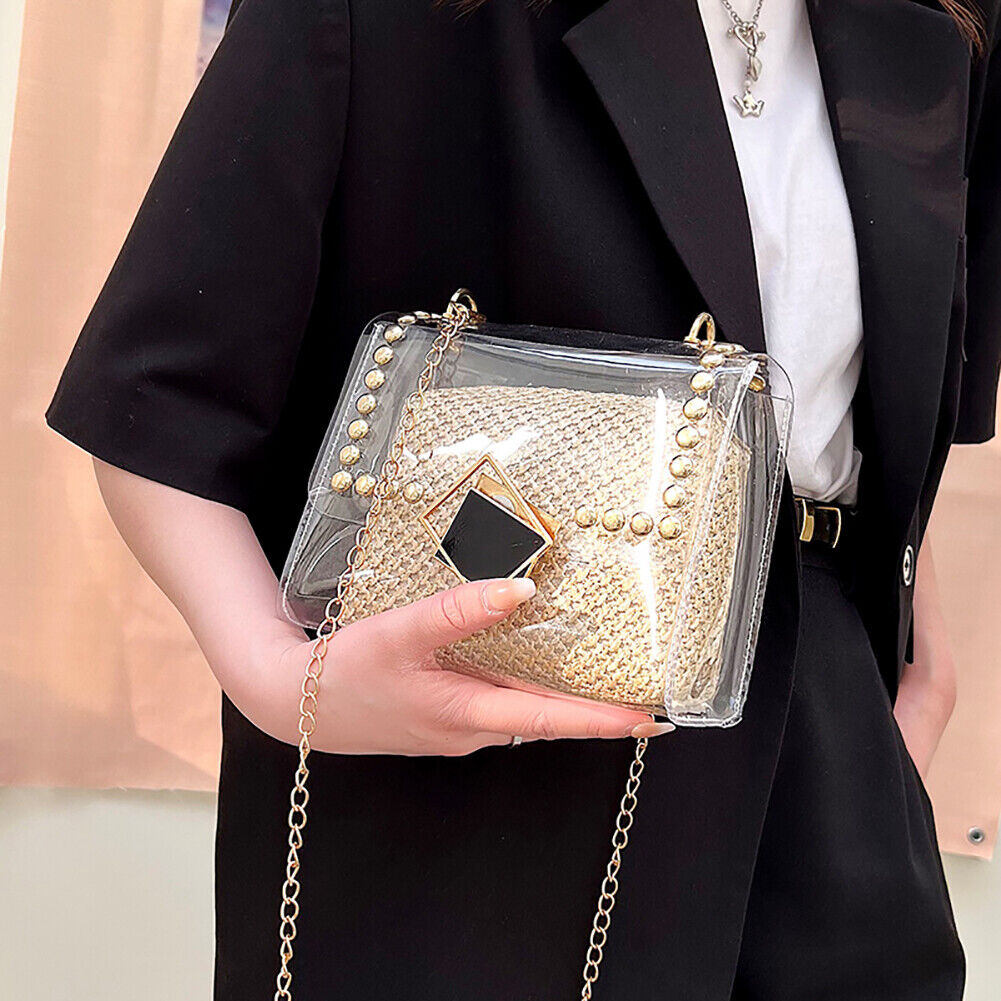 Woven Straw Shoulder Bag Rivet Purse Clear PVC Women Travel Messenger Bags