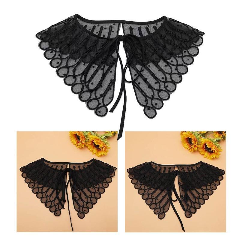 Women Emboridery Twist Striped Dot Collar Sheer Shawl Shrug Lace-Up Scarf Cape