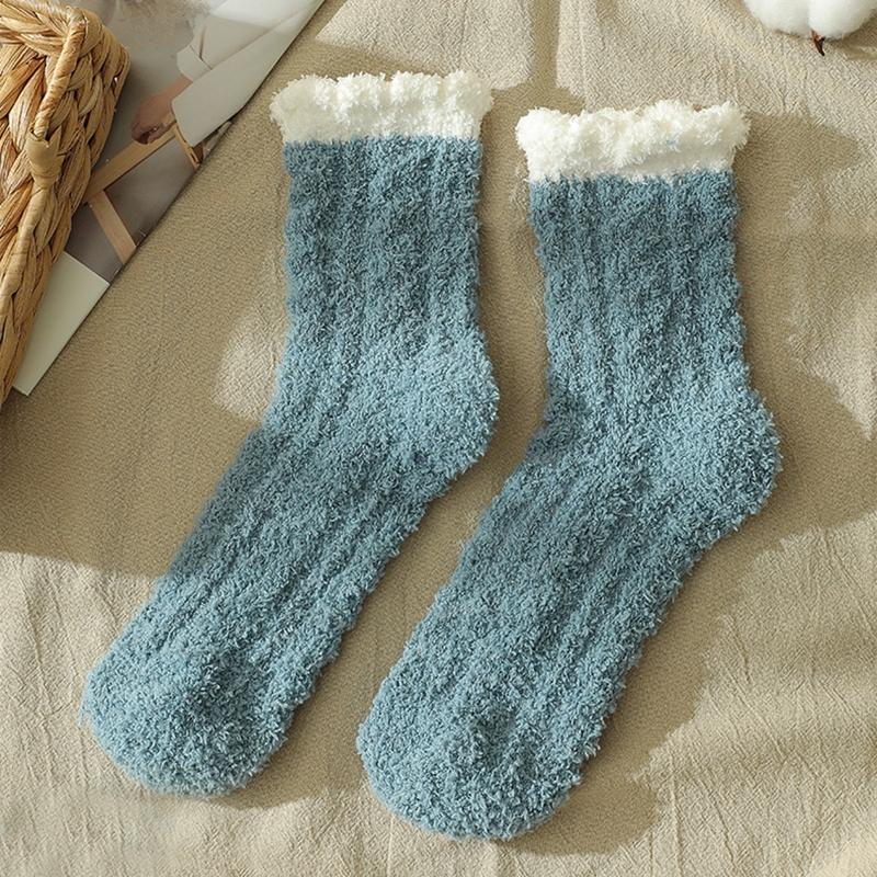 5 Pairs Coral Velvet Fuzzy Slipper Socks Solid Color Twist Braided Sleep Hosiery