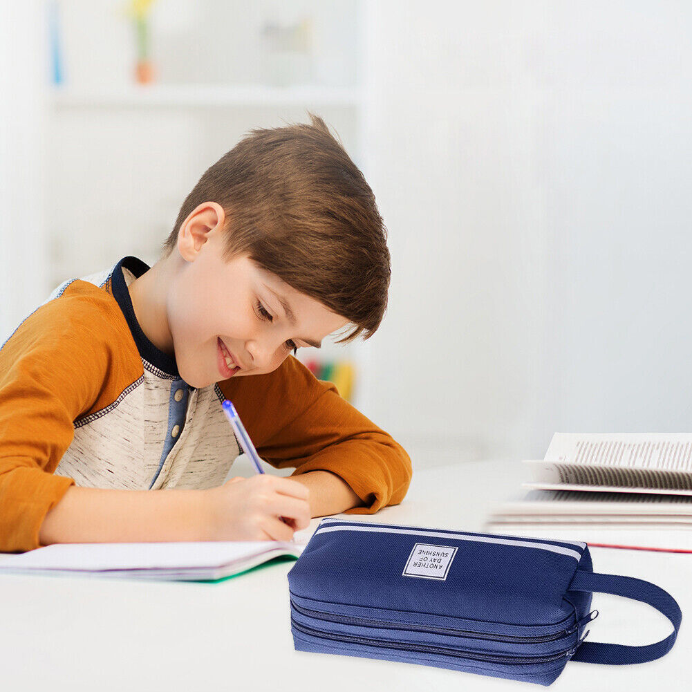 Large Capacity Pencil Case Bags Zipper Solid Stationery Box (Navy Blue)
