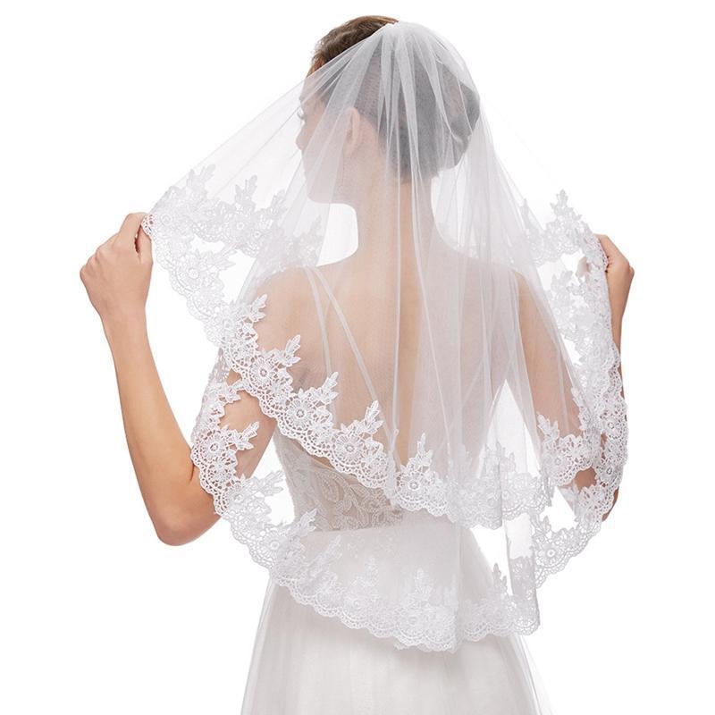 Bridal Veil with Comb 2 Tier Lace Applique Easy to Wear Elbow Length Sheer Tulle