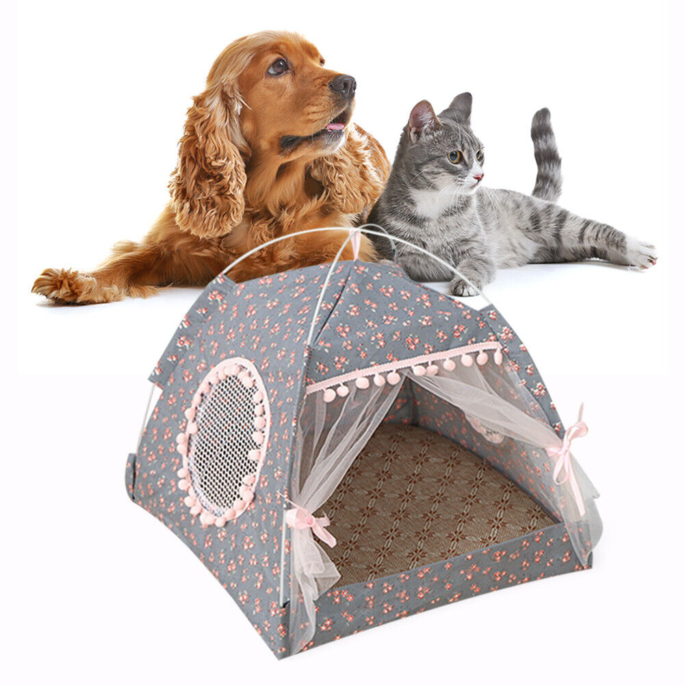 Dog Bed Cat Tent House Mat Puppy Kennel Cushion Pet Pad Supply (Grey M)