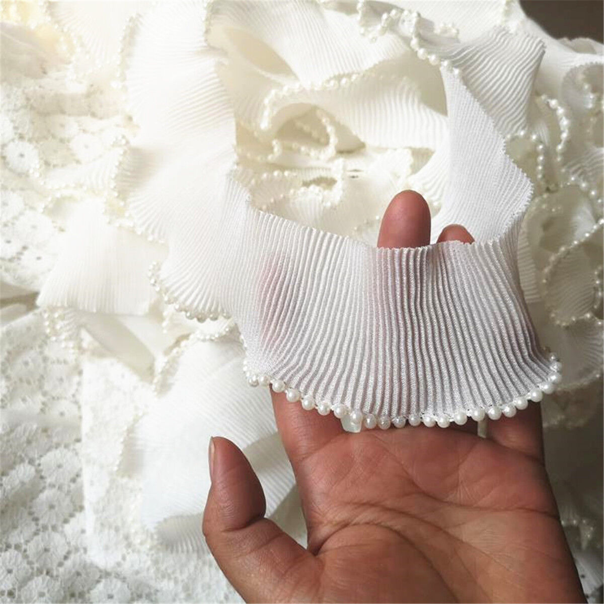 2yds Beaded Ruffle Chiffon Lace Trim Pleated Ribbon Collar Skirt Hem 6cm Width