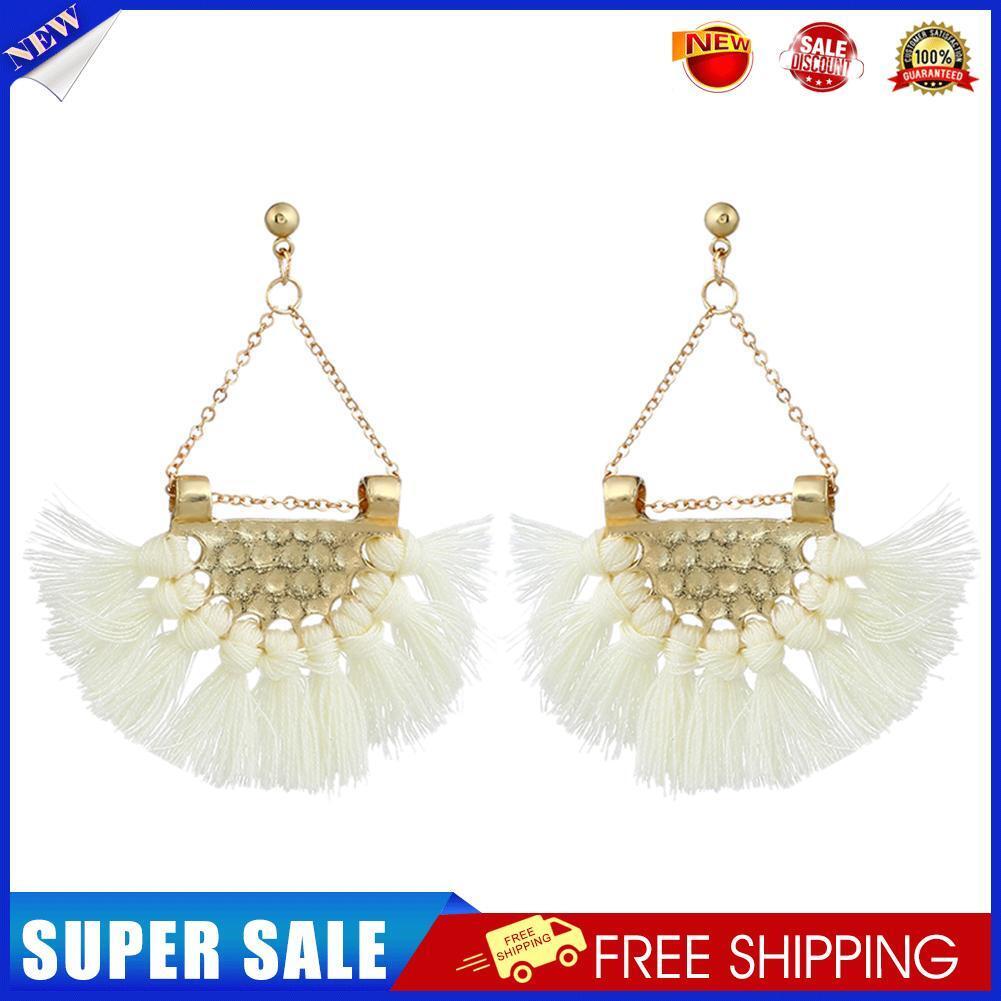 Women Tassel Earrings Fan Shaped Bohemian Dangle Earrings Jewelry(White)