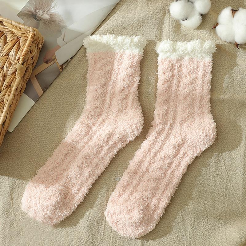 5 Pairs Coral Velvet Fuzzy Slipper Socks Solid Color Twist Braided Sleep Hosiery