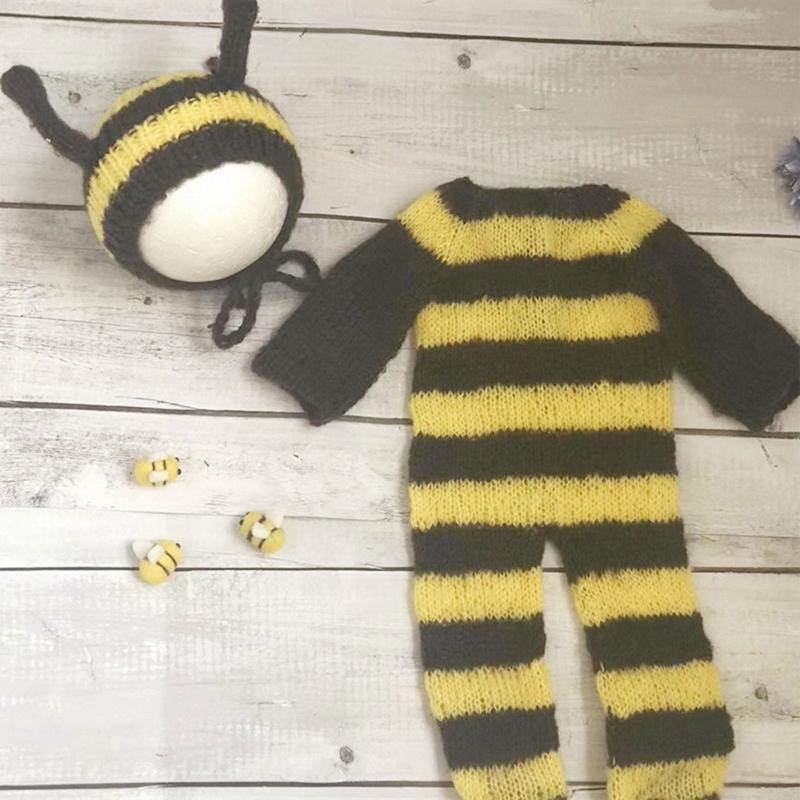 2Pcs Newborn Photography Props Bee Outfit Baby Romper Hat Set Infants Photo Prop