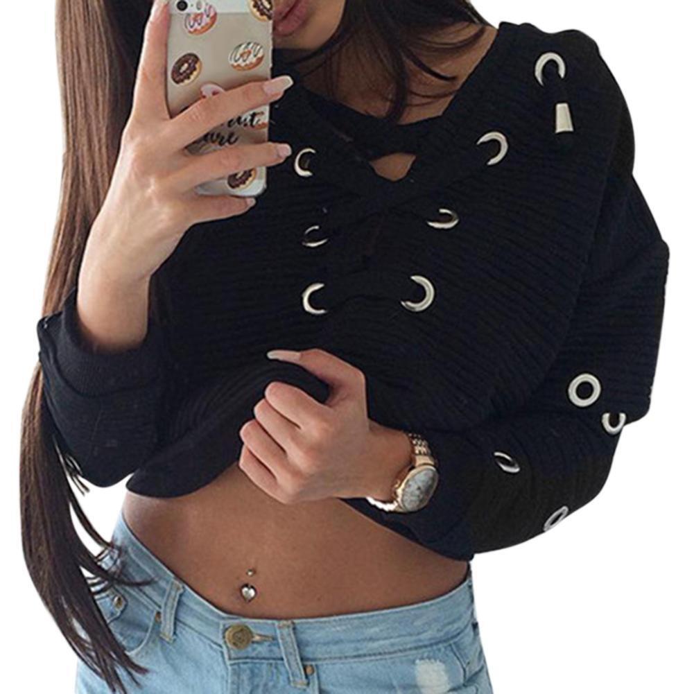 Autumn Women O-Neck Fashion Pullover Bandage Casual Long Sleeve Tops(XL)