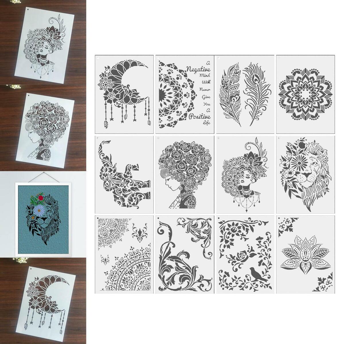 12 Pieces Mandala Stencil Reusable Painting Template for  Fabric