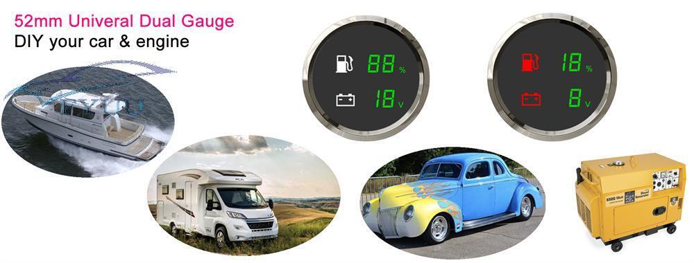 52mm/2'' 2-in-1 Dual Gauge Car Boat Marine Digital LED Voltage Gauge Fuel Level