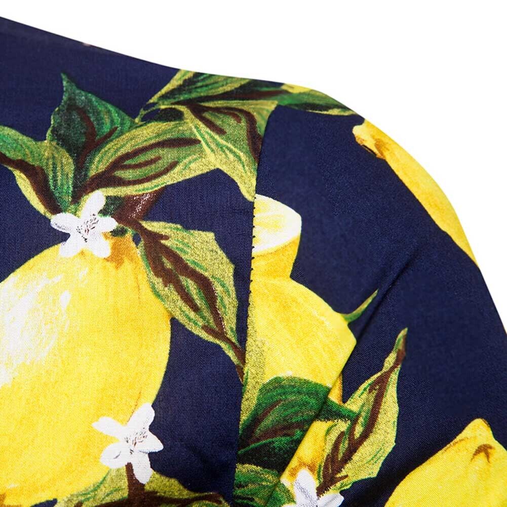 Men Long Sleeve Lemon Beach Fashion Turn Down Collar Shirt(Navy Blue 2XL)-2