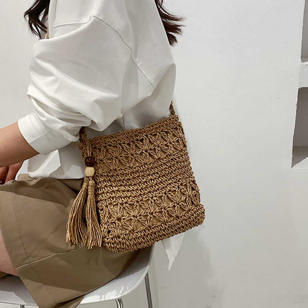 Woven Straw Crossbody Bag Small Women Boho Summer Handbag (Square Khaki)