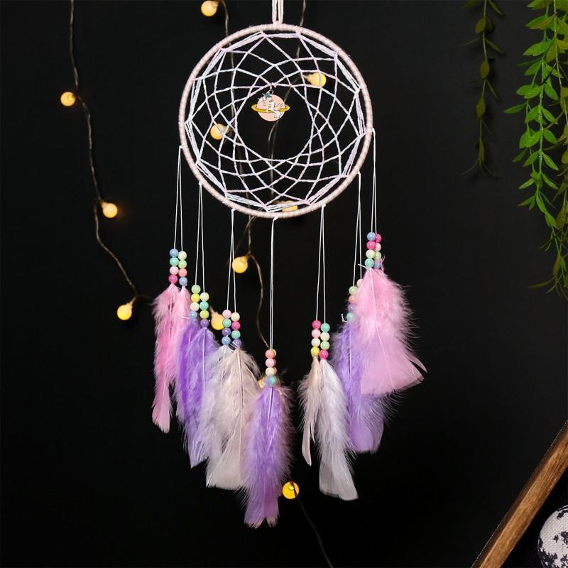 Beaded Feather Dream Catcher with Planet Pendant Boho Wall Hanging Wind Chime