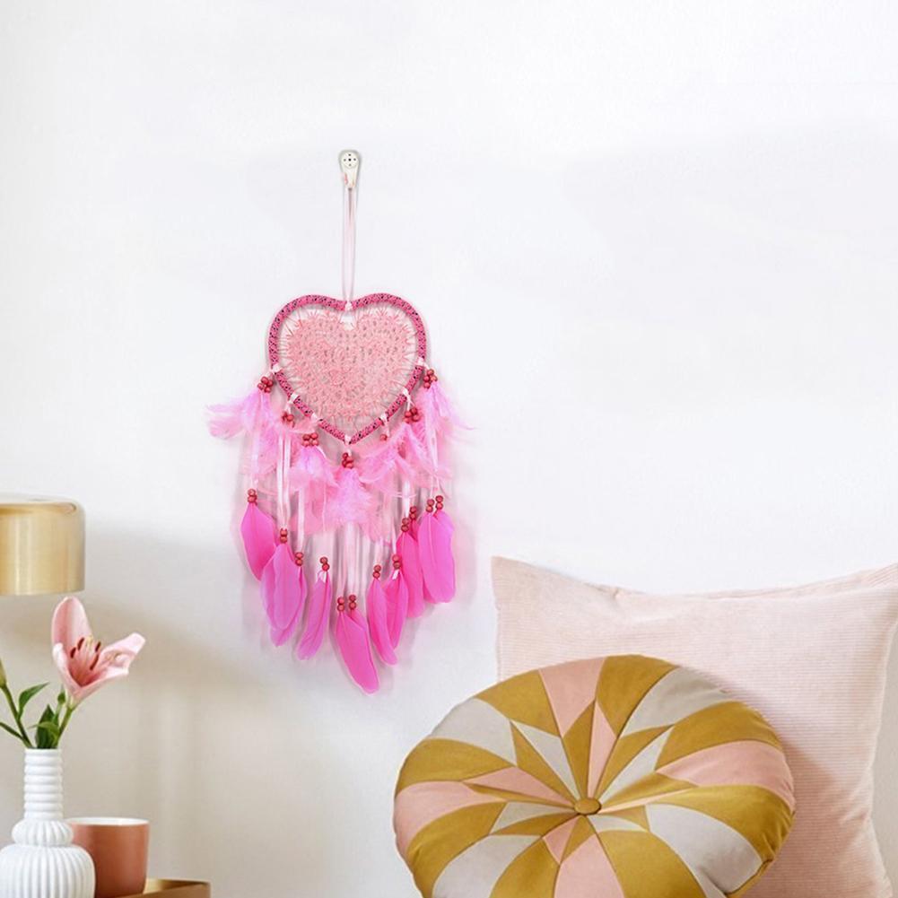 Pink Feathers Love Heart Dream Catcher Pure Handmade Wall Hanging Pendant