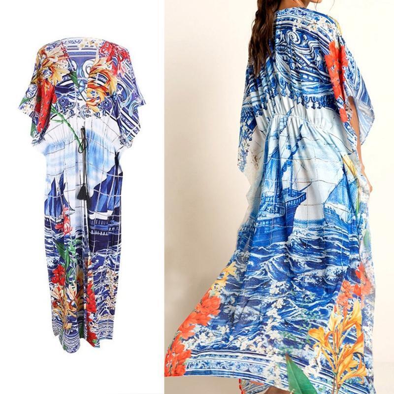 Womens Long Swimsuit Bathing Suit Cover Up Maxi Beach Dress Boho Deep V Neck
