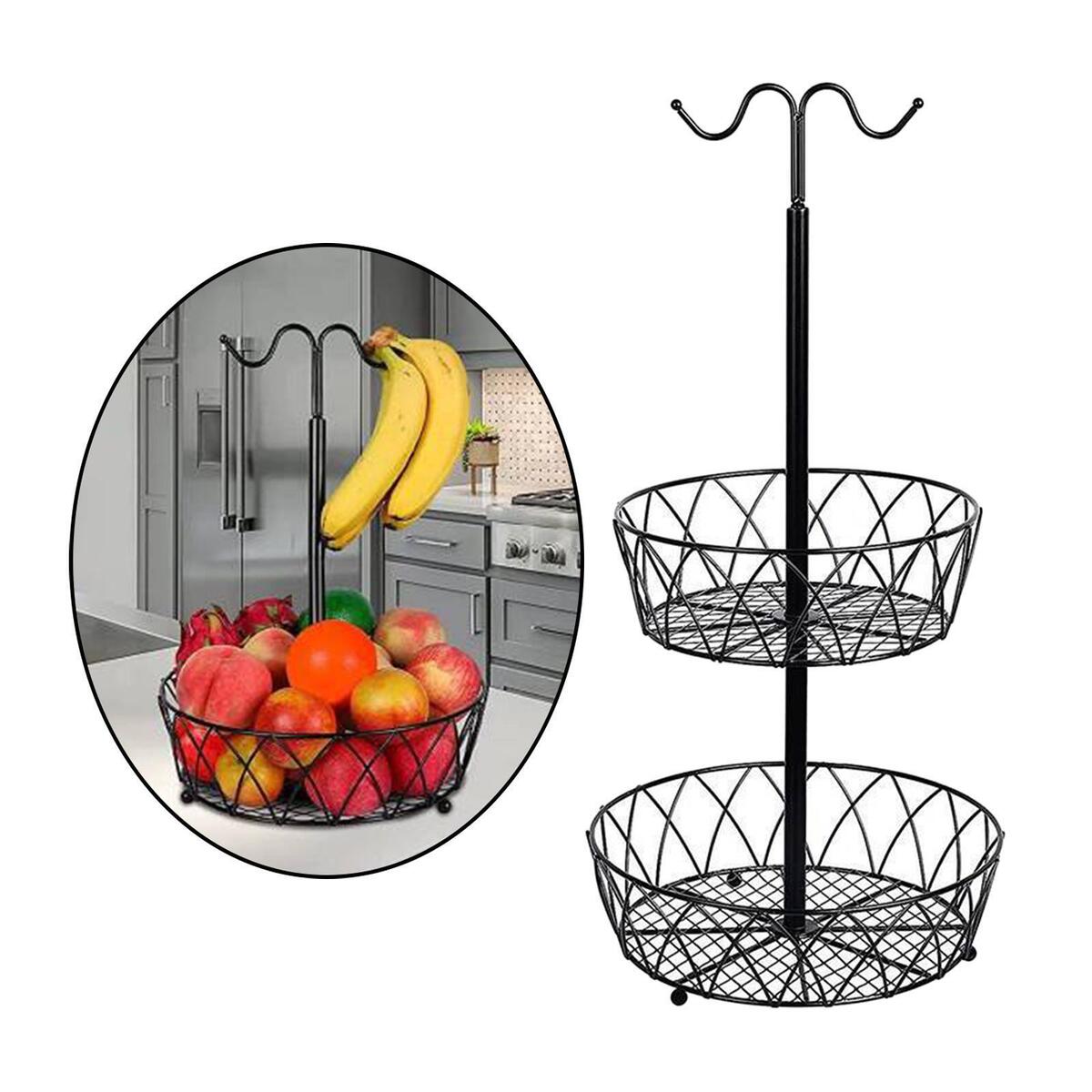 Metal Fruit Basket with Banana Hanger 2 Tier Storage Holder for Counter Home
