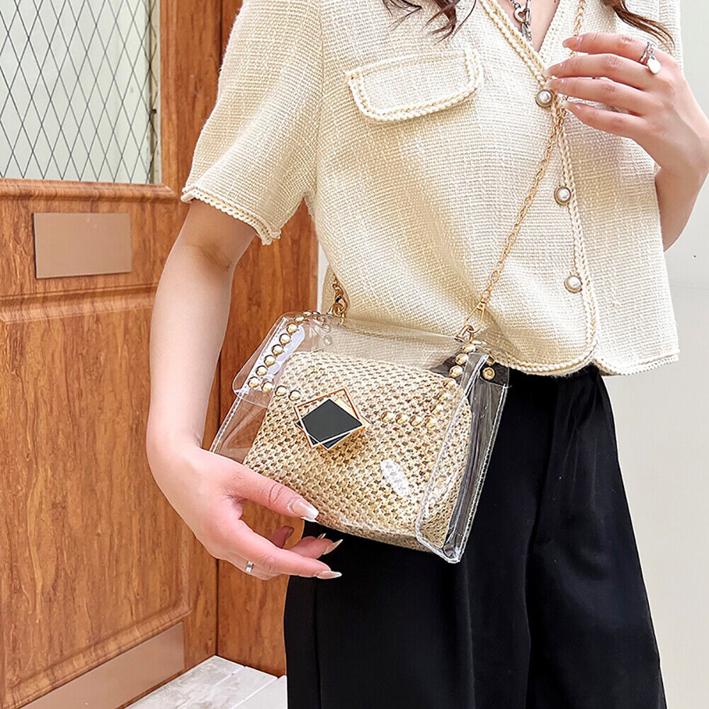 Woven Straw Shoulder Bag Rivet Purse Clear PVC Women Travel Messenger Bags