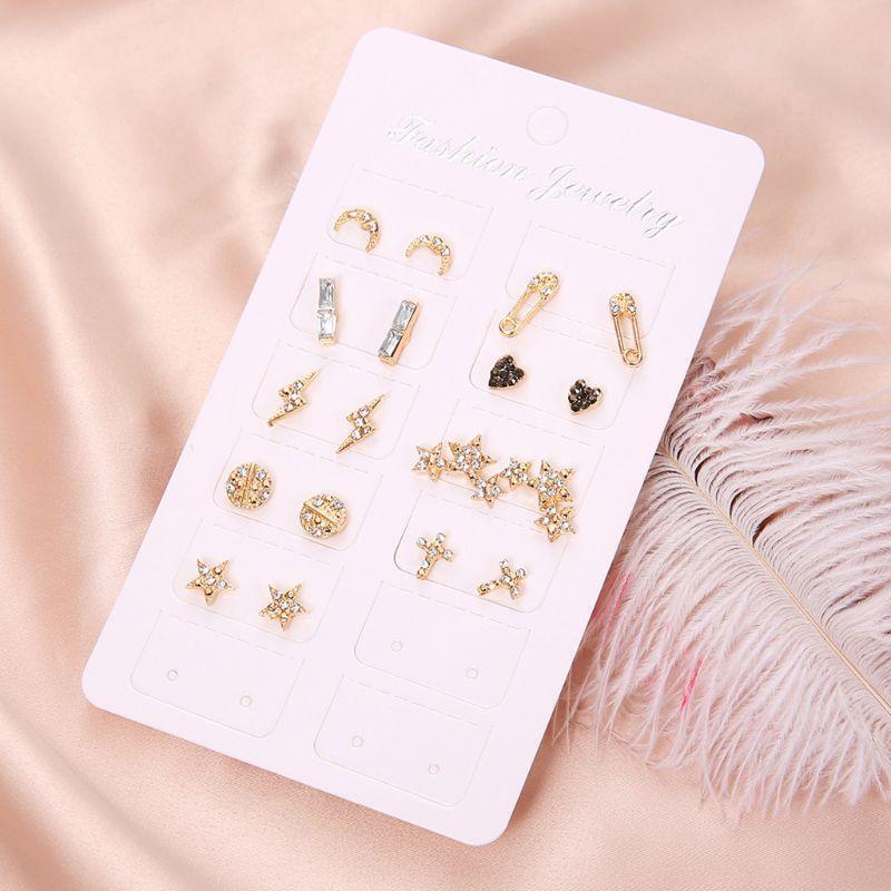 9Pcs Bohemian Cross Heart Stars Moon Squar Honeymoon Crystal Stud Earrings Kit