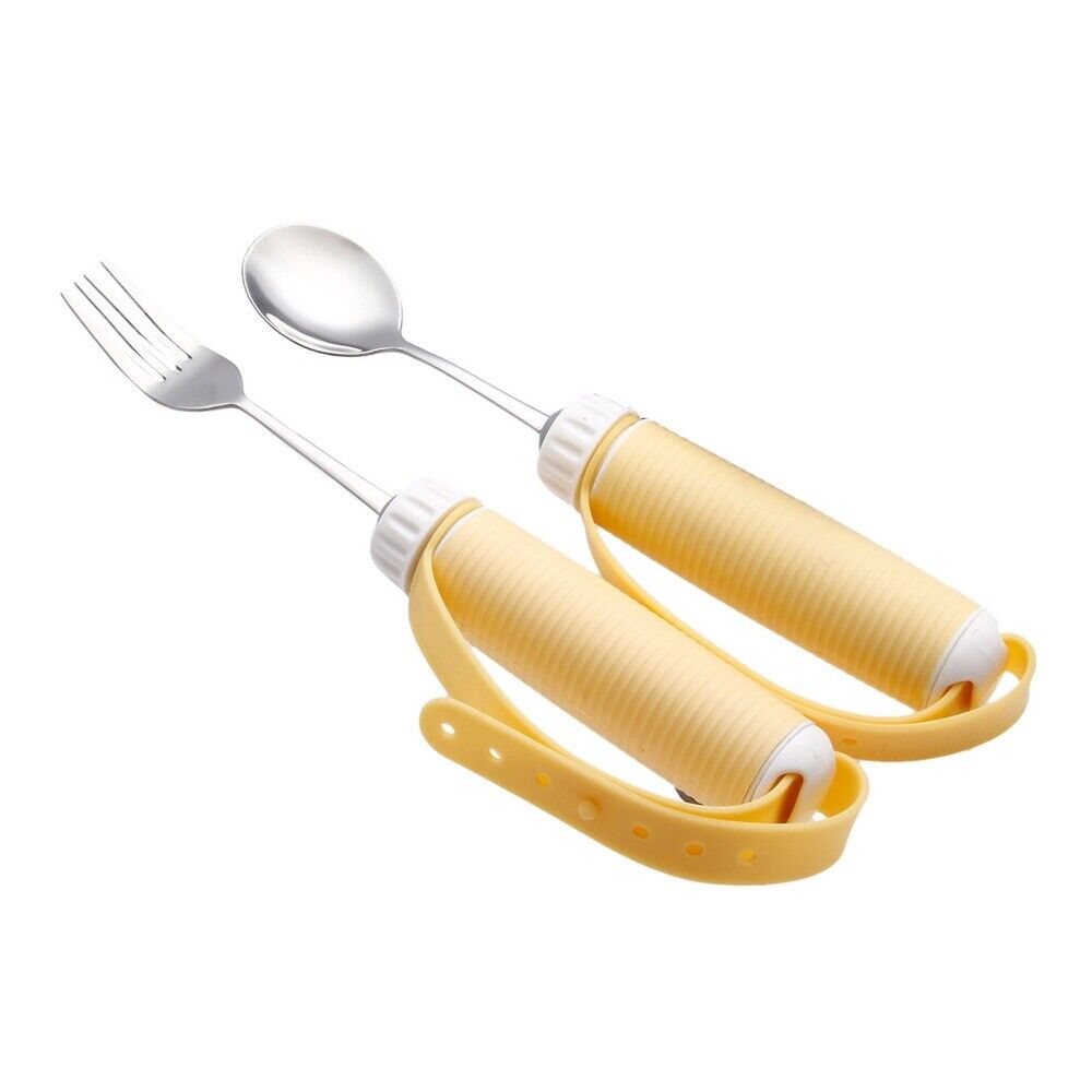 2x Food Spoon & Fork Stainless Steel Handle Eating Assist Tool for Elder/Patient