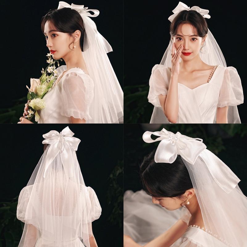 Wedding Veil with White Ribbon Bow 2 Tier Hair Accessories for Brides Short