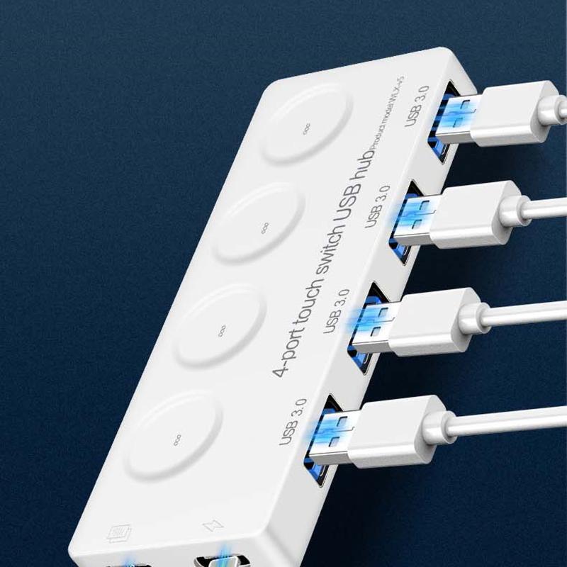 USB 3.0 Data Hub with Individual Touch On/Off Switches and LED Light for Laptop